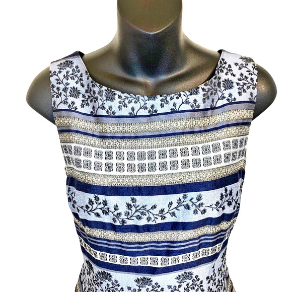 Vintage 90s John Roberts Classic Sheath Dress Silk-Like Blue Black Vine - Size 8 - Picture 3 of 7